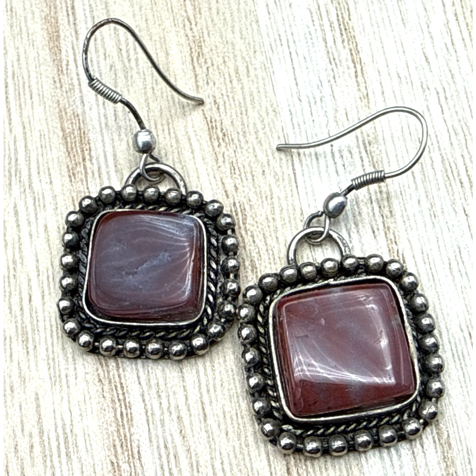 Garnet Earrings Genuine Stone Square Cabochons Antiqued Silver Tone Dangles